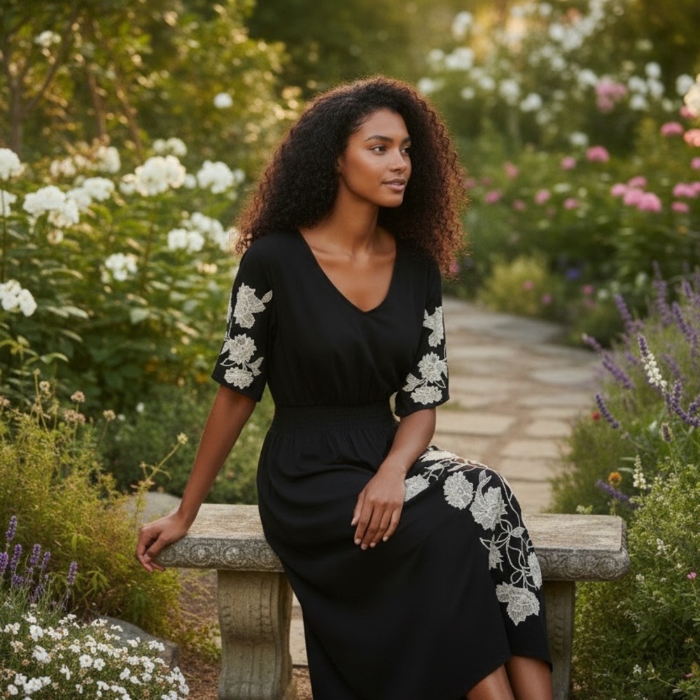 Black Floral Embroidered V-Neck Mini dress